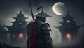 Chinese warrior, long sword, burning castle, gray sky