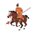 Chinese warrior riding horseback. Asian armored horse rider with spear, lance. Eastern mounted soldier of Ancient China Royalty Free Stock Photo