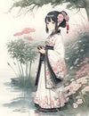 Chinese water ink style of an anime girl in a garden wearing hanfu with tied up hair and the accecories, flowers, plants, fantasy