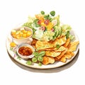 Chinese Watercolor Inspired Plate With Tortilla Chips, Salad, And Dip