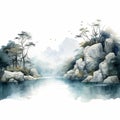Chinese Watercolor Landscape: Serene Faces In Mysterious Jungle