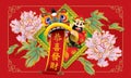 Chinese wealthy god with a Chinese lion, red couplet and peony flower background. Royalty Free Stock Photo