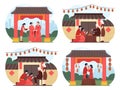 Chinese wedding traditional ceremony set. Bride and groom in bright