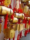 Chinese whising golden bells with greeting word or lucky word people wish and hang on tope for pray Royalty Free Stock Photo