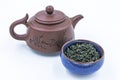 Chinese Wild Green tea. Ye Sheng Lu Cha in a blue ceramic bowl Royalty Free Stock Photo