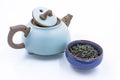 Chinese Wild Green tea. Ye Sheng Lu Cha in a blue ceramic bowl Royalty Free Stock Photo