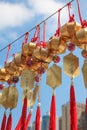 Chinese wishes amulets hanging on a wire in the buddhist temple of Wong Tai Sin, Hong Kong, China