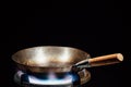 Chinese wok pan on fire gas burner Royalty Free Stock Photo