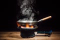 Chinese wok pan on fire gas burner Royalty Free Stock Photo