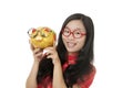 Beautiful Chinese woman wearing a traditional dress known as a Chipao iso;ated on white background