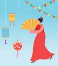 Chinese Woman celebrating Lunar New Year. Lion Dragon dance woman character wearing china traditional costume on parade Royalty Free Stock Photo