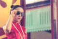 Chinese woman Cheongsam with sunglasses for chinese Ganster concept