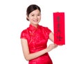 Chinese woman hold with Fai Chun, phrase meaning is business pro Royalty Free Stock Photo