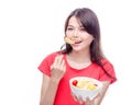 Chinese woman holding bowl of fruit Royalty Free Stock Photo