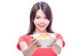 Chinese woman holding bowl of fruit Royalty Free Stock Photo