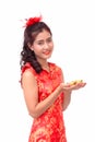 Chinese woman holding gold ingots for chinese new year Royalty Free Stock Photo