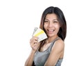Chinese woman holding multiple credit cards Royalty Free Stock Photo