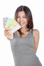 Chinese woman holding multiple credit cards Royalty Free Stock Photo
