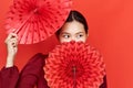 Chinese woman with paper fans Royalty Free Stock Photo