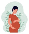 Chinese woman pregnant hugging her belly with her hands. Motherhood. Vector illustration in cute cartoon style.