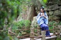 Chinese woman in traditional Blue and white porcelain style Hanfu dress Royalty Free Stock Photo