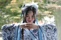 Chinese woman in traditional Blue and white porcelain style Hanfu dress Royalty Free Stock Photo