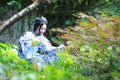 Chinese woman in traditional Blue and white porcelain style Hanfu dress Royalty Free Stock Photo