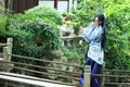 Chinese woman in traditional Blue and white porcelain style Hanfu dress Royalty Free Stock Photo