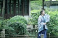 Chinese woman in traditional Blue and white porcelain style Hanfu dress Royalty Free Stock Photo