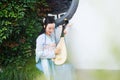 Chinese woman in traditional Hanfu dress,play traditional instrument of pipa