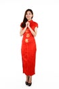 Chinese woman in traditional red Cheongsam