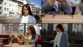 Chinese woman is walking in city and rest in cafe, collage of town dweller lifestyle