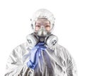 Chinese Woman Wearing Hazmat Suit, Protective Gas Mask and Goggles Isolated On White