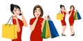 Chinese women in cheongsam dress holding shopping bags cartoon. Chinese new year sale concept vector