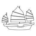 Chinese wooden sailing ship icon, outline style Royalty Free Stock Photo