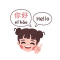 Chinese words cute girl saying hello in Chinese language, learning Chinese language isolated vector