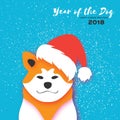 2018 Chinese year of the Dog. Happy Chinese New Year Greeting Card. Paper cut Akita Inu doggy with santa claus red hat Royalty Free Stock Photo