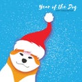 2018 Chinese year of the Dog. Happy Chinese New Year Greeting Card. Paper cut Akita Inu doggy with santa claus red hat Royalty Free Stock Photo