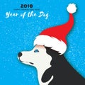 2018 Chinese year of the Dog. Happy Chinese New Year Greeting Card. Paper cut pretty Siberian Husky doggy with santa Royalty Free Stock Photo