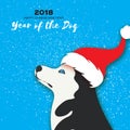 2018 Chinese year of the Dog. Happy Chinese New Year Greeting Card. Paper cut pretty Siberian Husky doggy with santa Royalty Free Stock Photo