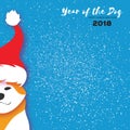 2018 Chinese year of the Dog. Happy Chinese New Year Greeting Card. Paper cut Akita Inu doggy with santa claus red hat Royalty Free Stock Photo