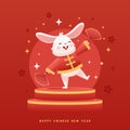 Chinese Year of Rabbit Cartoon Character Dance holding fan with Asian Style