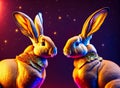 2023 Chinese Year of the Rabbit, two golden rabbits into fire, on red, velvet background, AI Generated Royalty Free Stock Photo