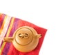 Chinese Yixing clay teapot. Colorful red fabric napkin / cloth u