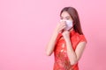 Chinese young beauties recommend using face masks to prevent dust pollution and airborne virus infection
