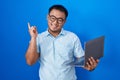 Chinese young man using computer laptop with a big smile on face, pointing with hand finger to the side looking at the camera Royalty Free Stock Photo