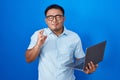 Chinese young man using computer laptop gesturing finger crossed smiling with hope and eyes closed