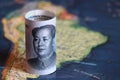 Chinese yuan on the map of South America Royalty Free Stock Photo