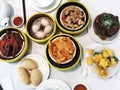 High angle view of Chinese yumcha dimsum set in bamboo container. Breakfast, arranged.