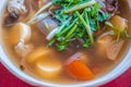 Chinese Yunnan soup in white bowl on red table Royalty Free Stock Photo